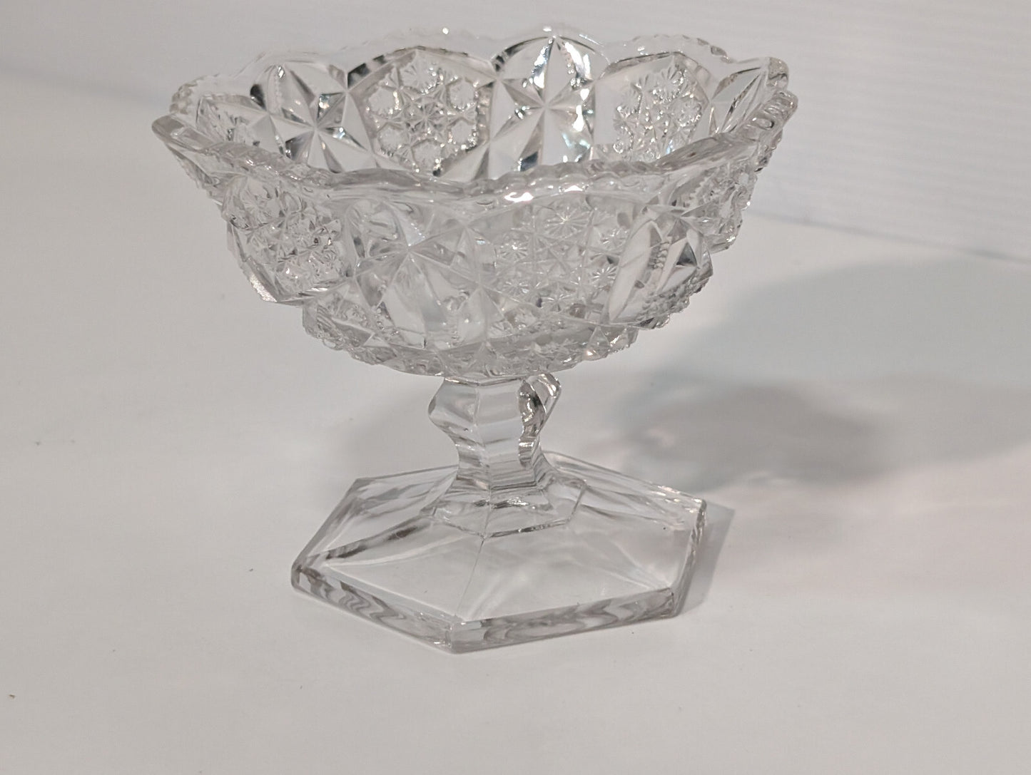 Vintage Clear Glass Crystal Candy Dish Snowflake Pattern Hexagon Pedestal Base