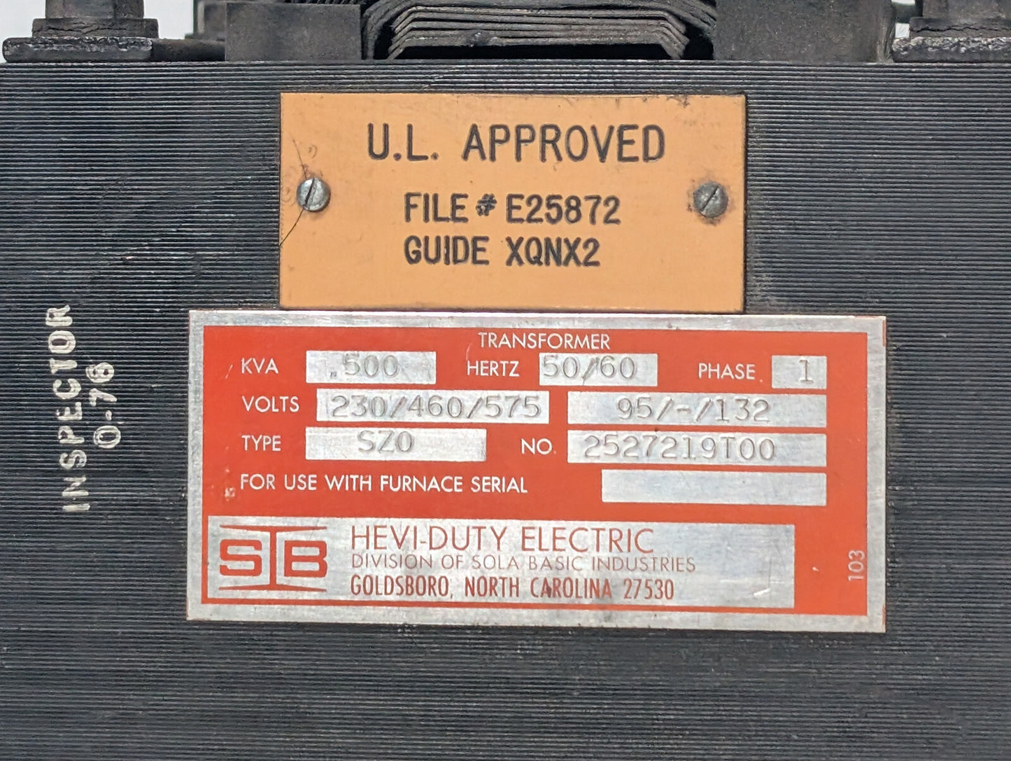 Sola Basic Ind. Hevi-Duty Electric Type SZ0 Transformer, .500KVA, 1PH, 50/60Hz