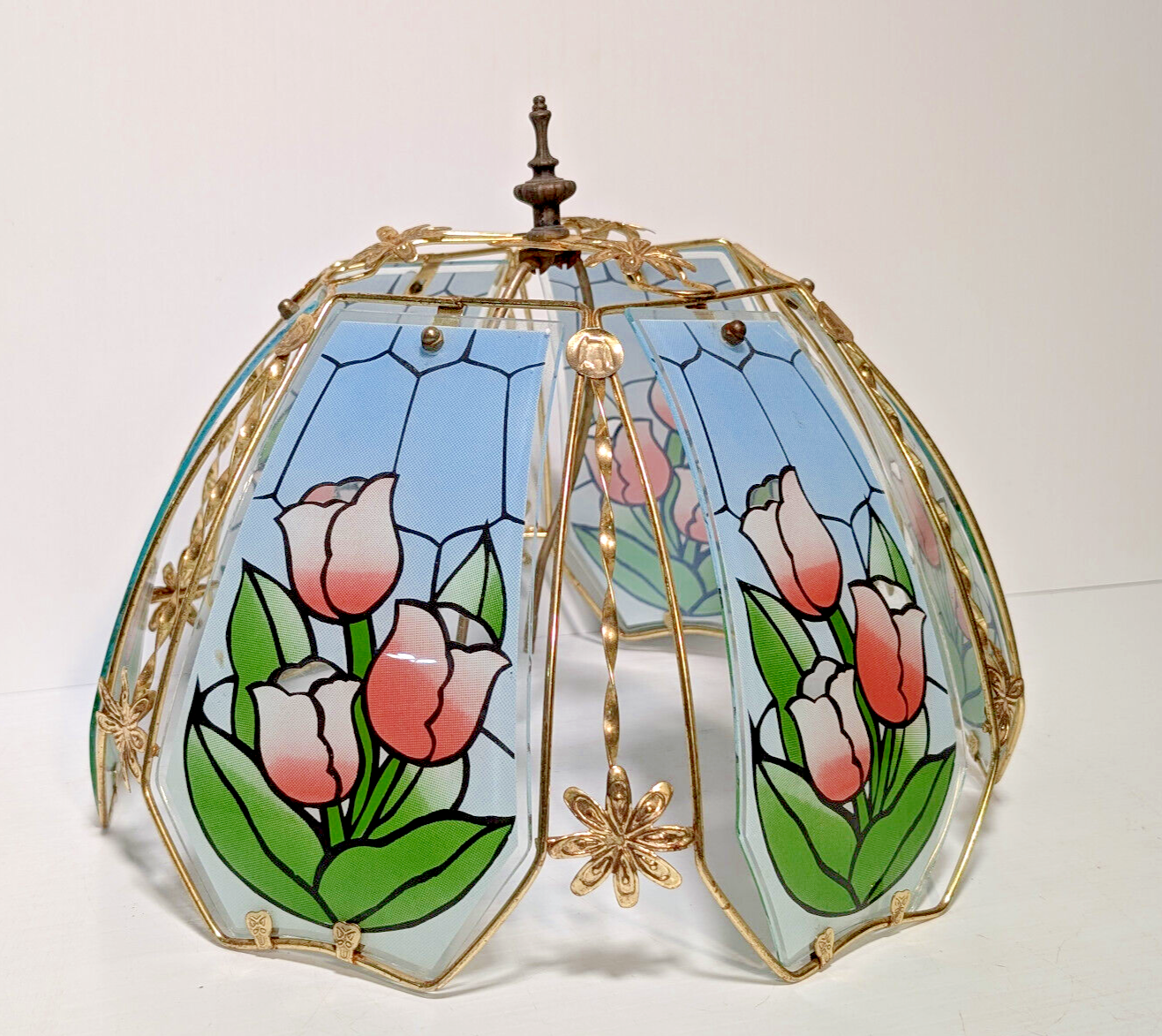 Vintage 80's Tiffany Style Tulip Glass, Brass Lamp Shade Sky Blue, Pink, Green
