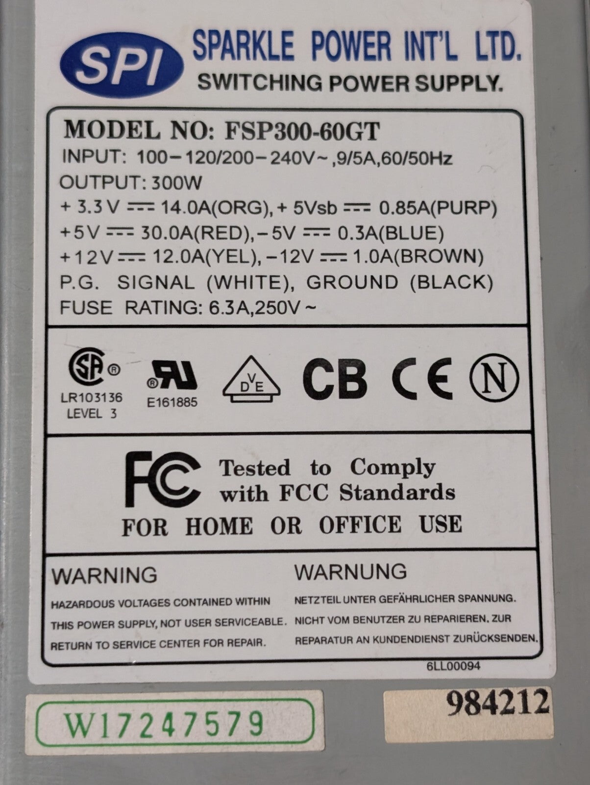 Sparkle Power Inc. FSP300-60GT ATX Power Supply 300W 0.3A -5V 30A 5V