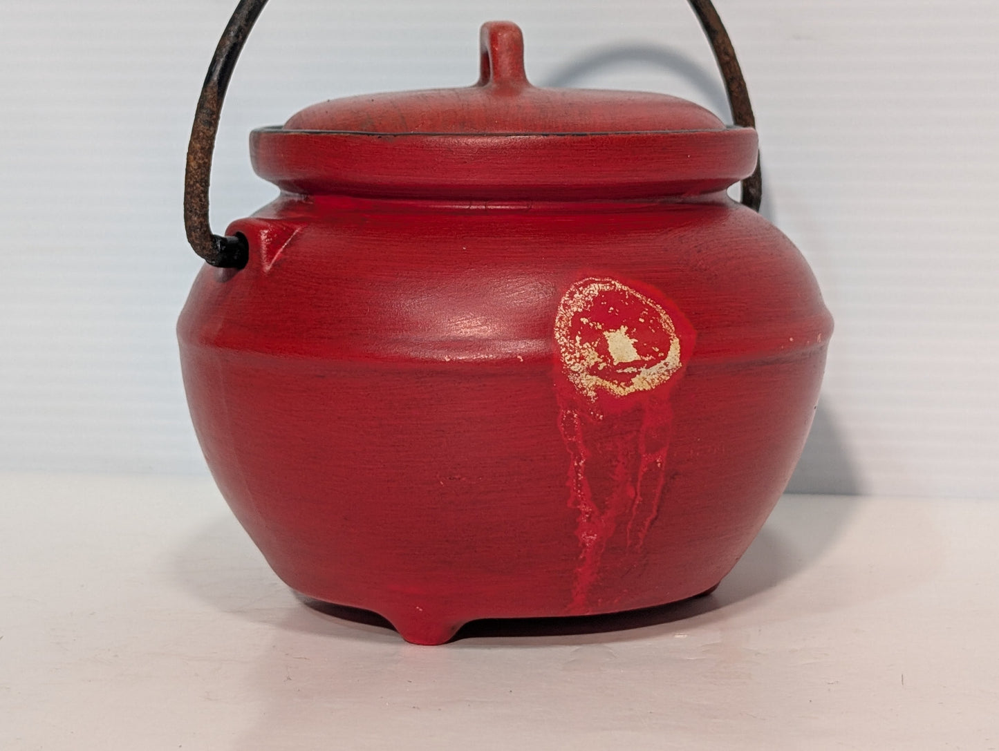 Vintage Mid Century Calif USA 702 Red Bean Pot Jar Black Metal Handle Kettle