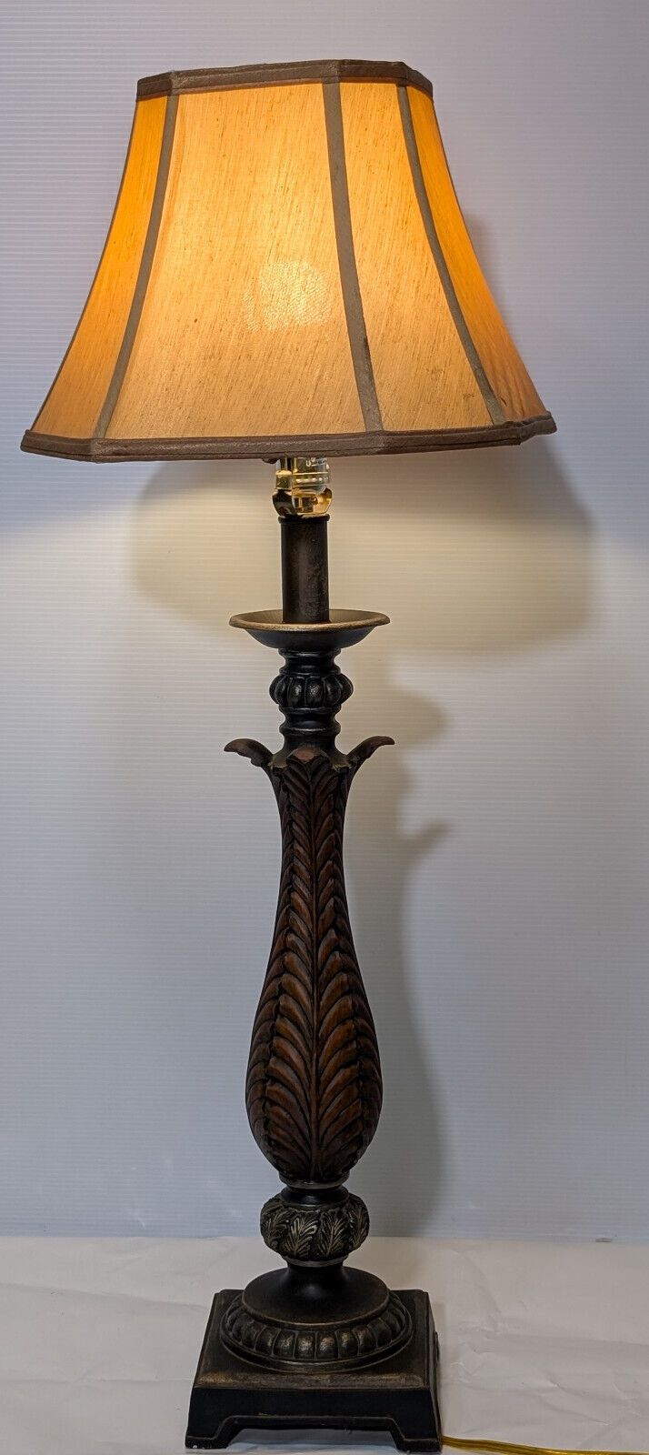 Vintage 1970s Wood, Leaf, Gold, 36" Table Lamp, Teak, Earthy, Eclectic, Nouveau