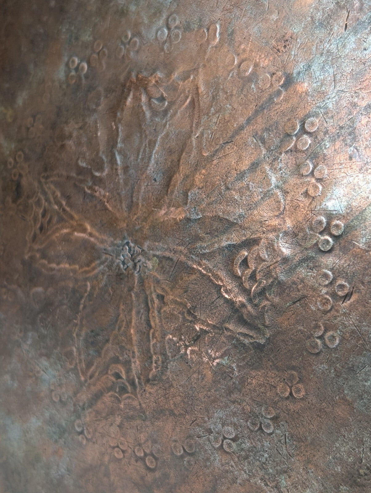 Vintage Hammered + Etched Copper Tray, Possibly Persian or Syrian, 13" Diameter