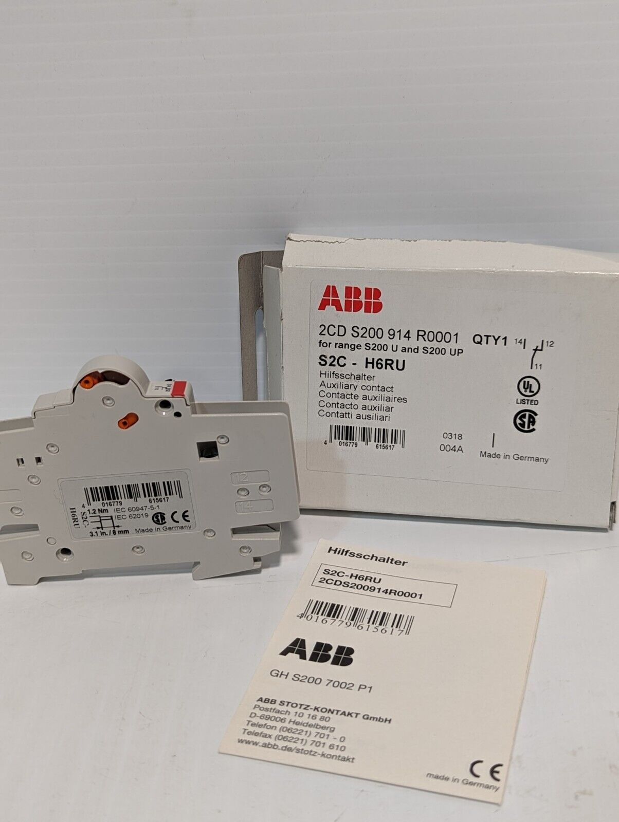 ABB S2C-H6RU Auxiliary Contact NO/NC/ F/S20X-K CB 161K438H01 - Free Shipping