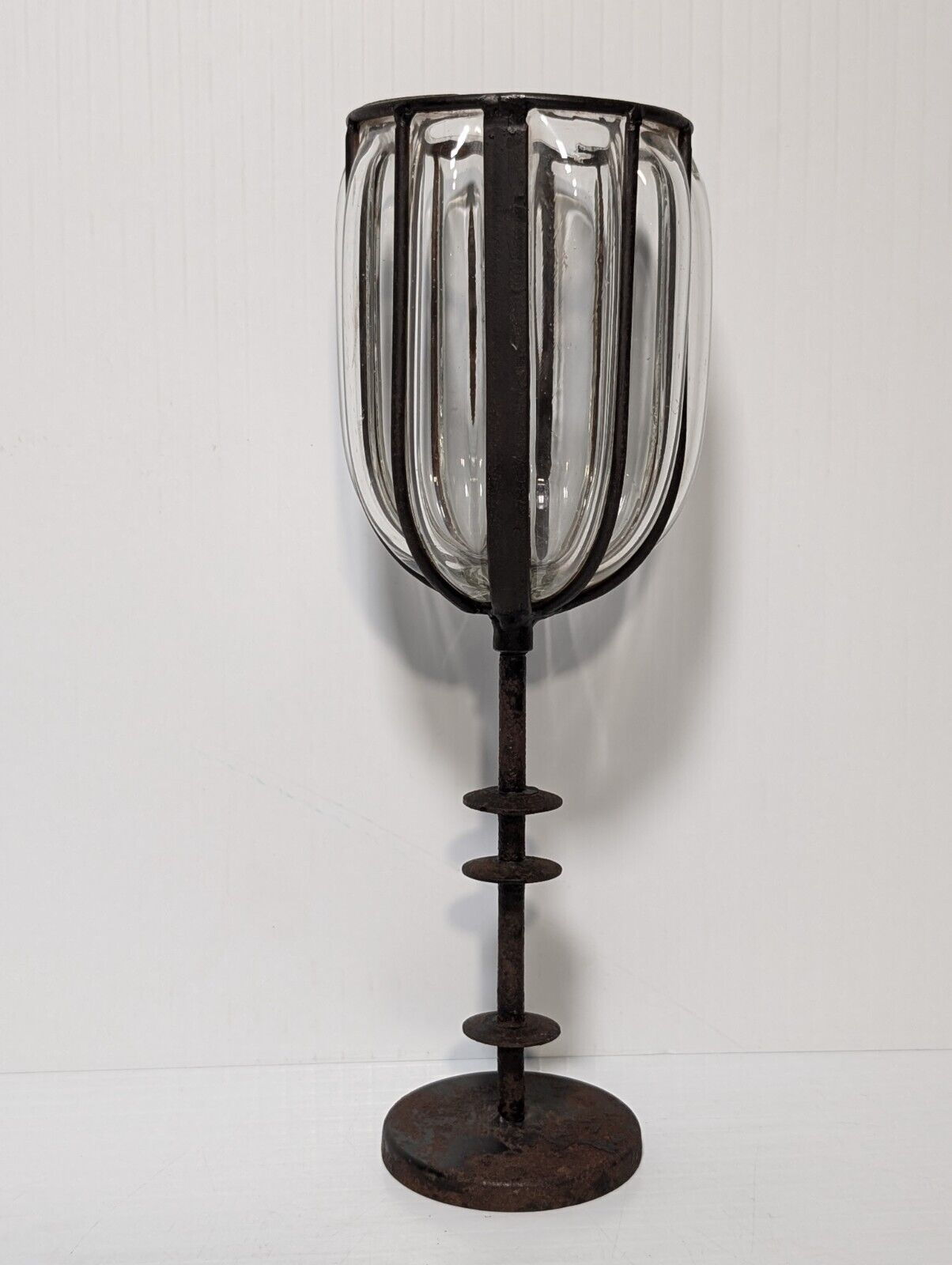 Vintage Cast Iron Candle Holder Blown Glass Cup, 12" Tall, 4" Diameter