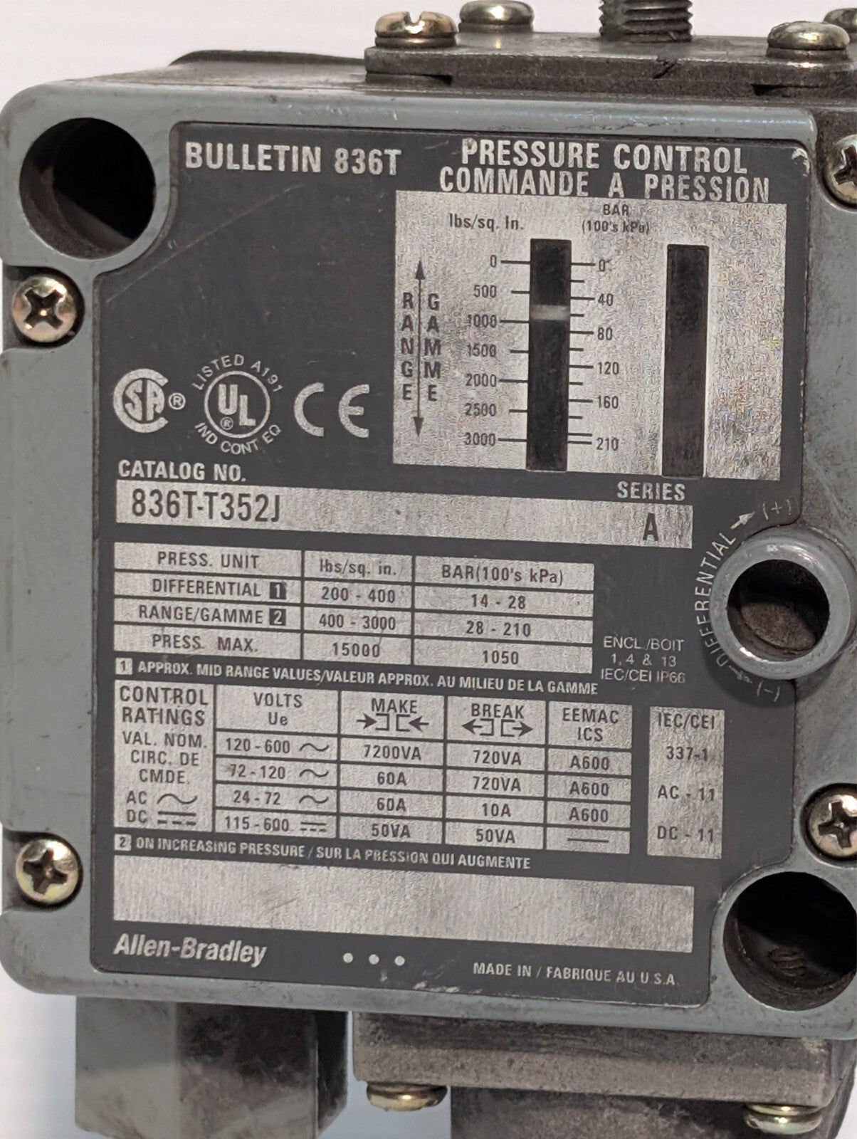 Allen Bradley 836T-T352J Pressure Control 836TT352J Ser A