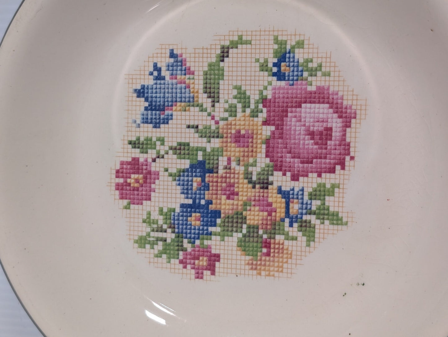 Vintage Hotoven Harker Pottery Floral Petit Point Silver Trim Round Plate