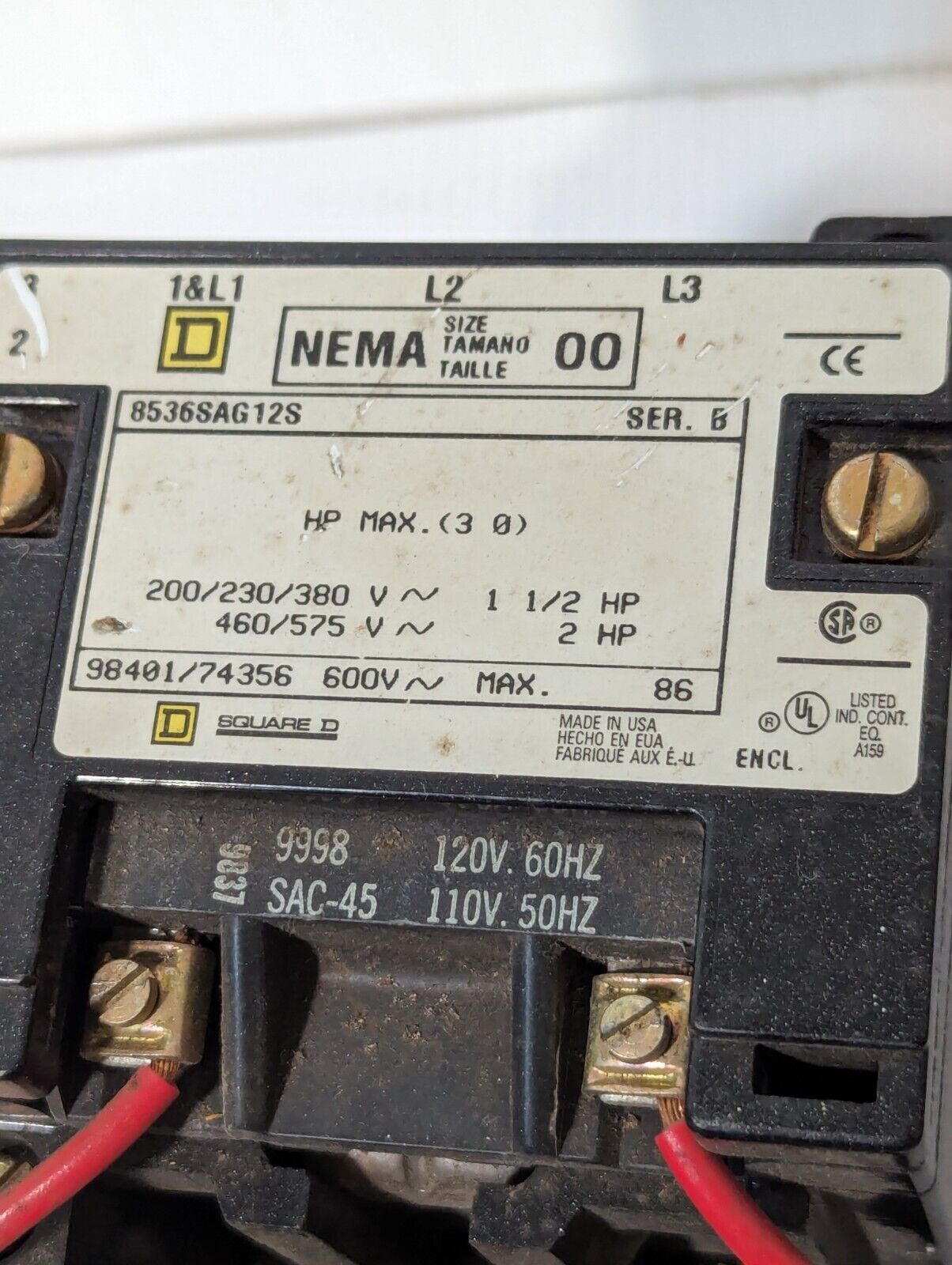 Square D 8536SAG12S Motor Starter, Ser B, NEMA Size 00, 600VAC - Free Shipping