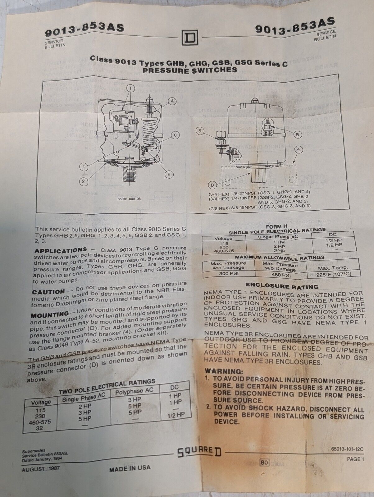 Square D 9013-853AS Pressure Switch Single Port, With Unloader - Free Shipping