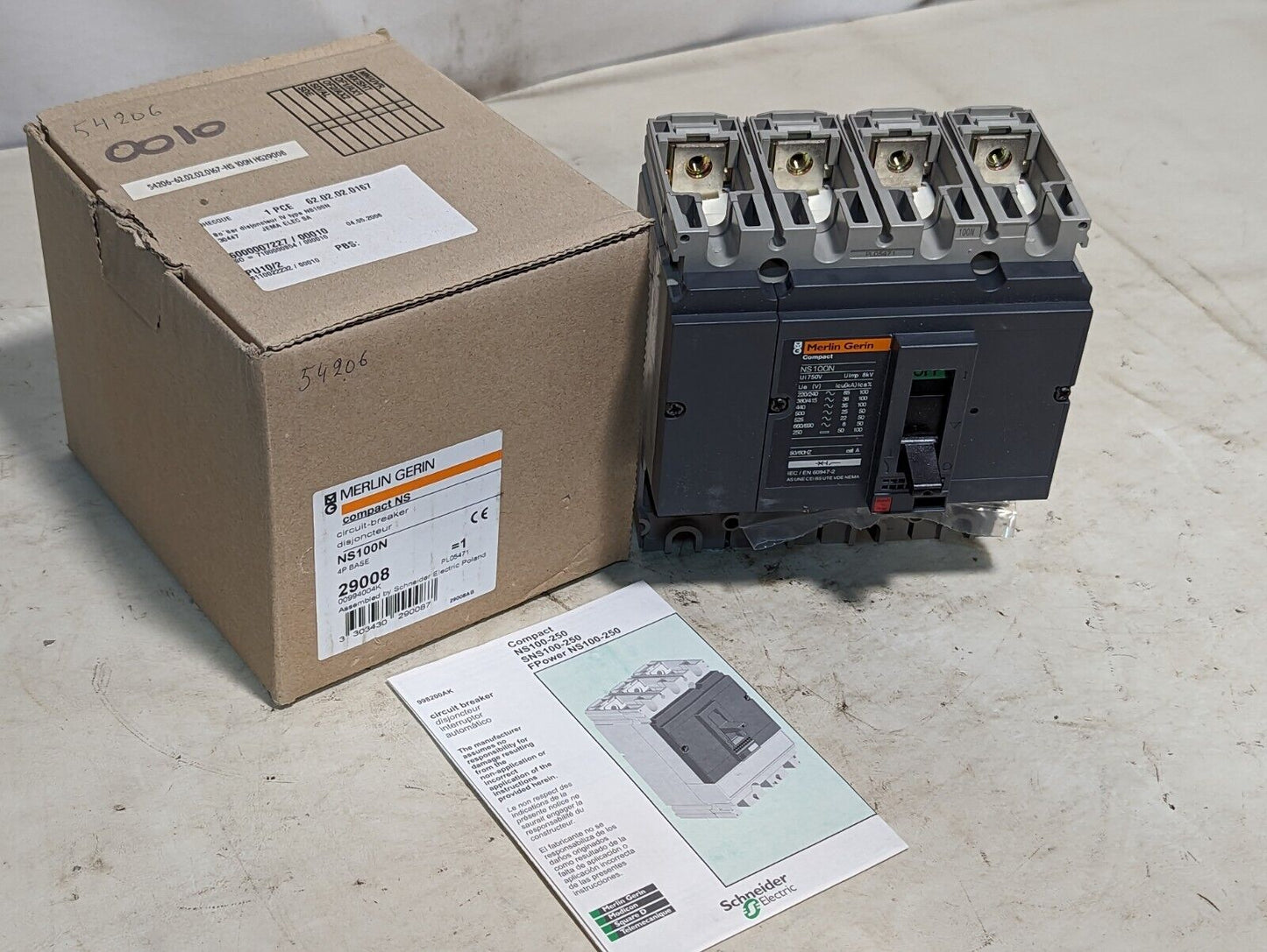 Merlin Gerin 29008 compact circuit breaker, NS100N, 100A, 4P