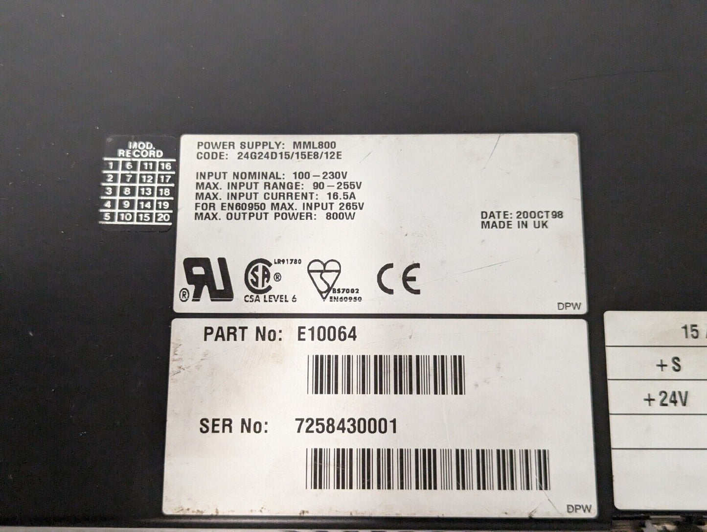 Omega 800PFC Coutant Lambda MML800 Power Supply MPM Printer - Free Ship+Returns