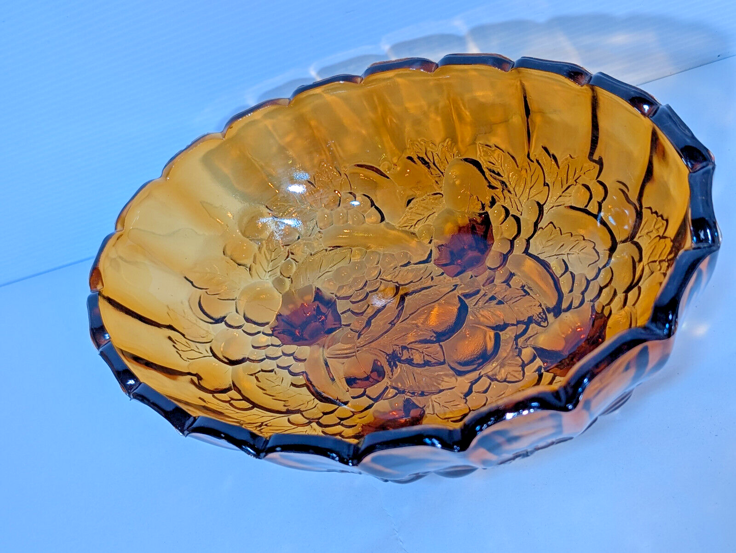 Vintage Antique Amber Gold Indiana Glass Scalloped Footed Fruit Bowl 12"