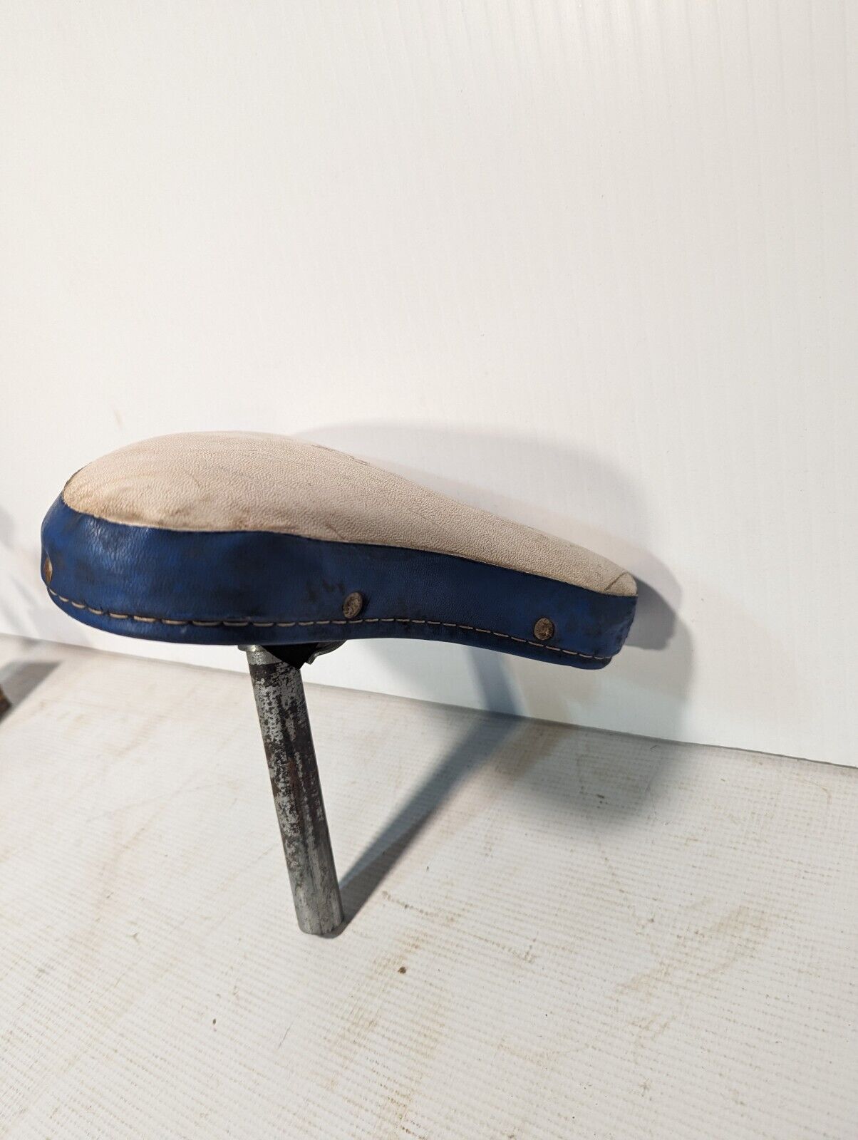 Vintage White And Blue Leather Bicycle Seat - Free Shipping