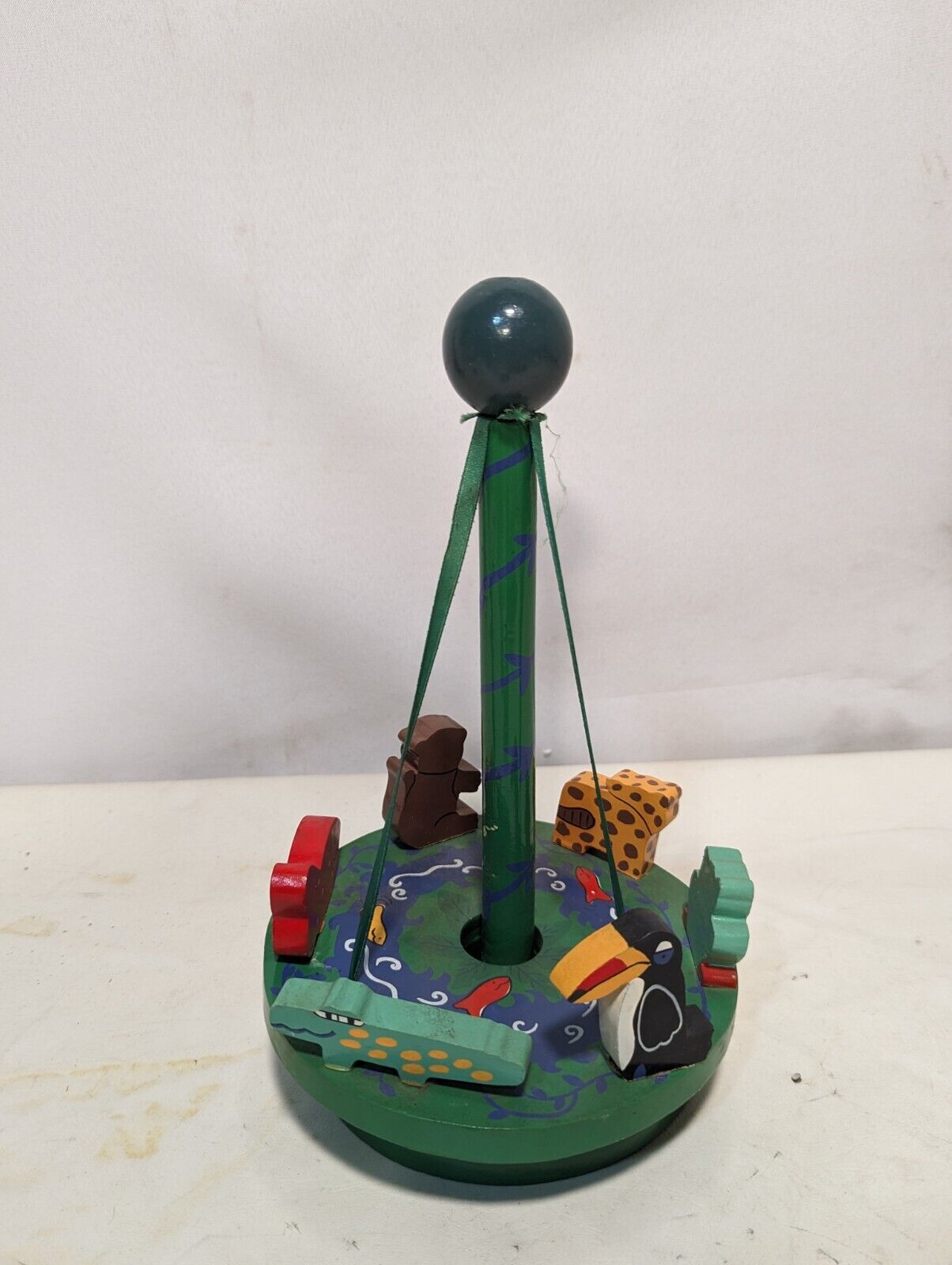 Vintage Maypole Carousel Toy with Wooden Animals 11" tall x 5.5" diameter