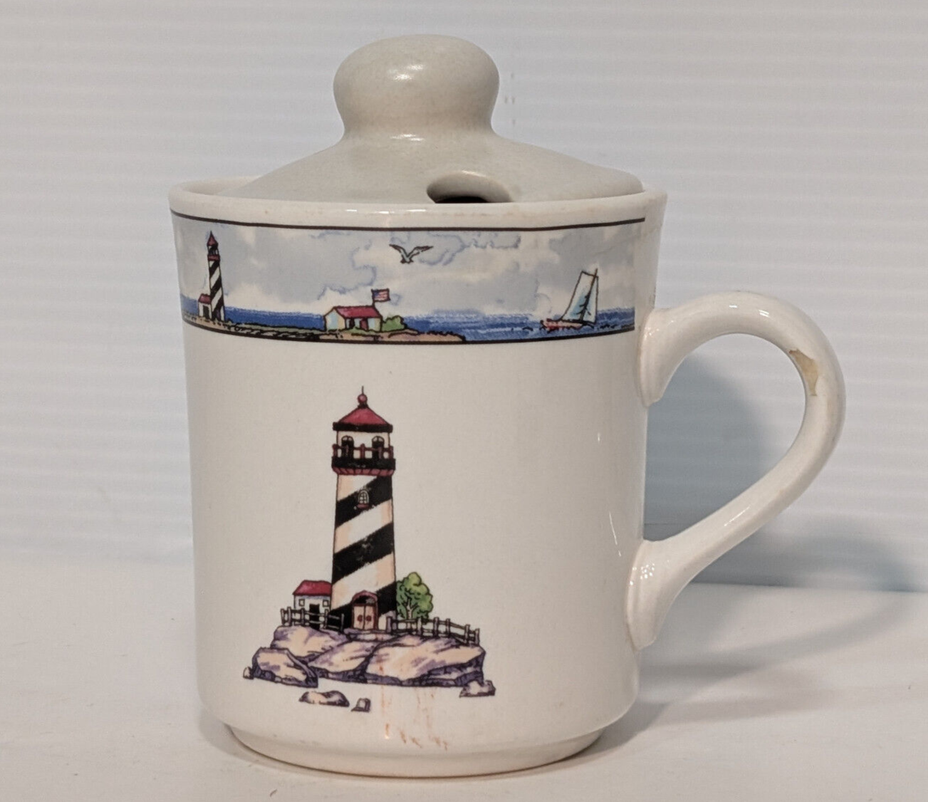 Vintage Lighthouse Maritime Sailboats Ceramic Stonewear Lidded Tea Coffee Mug