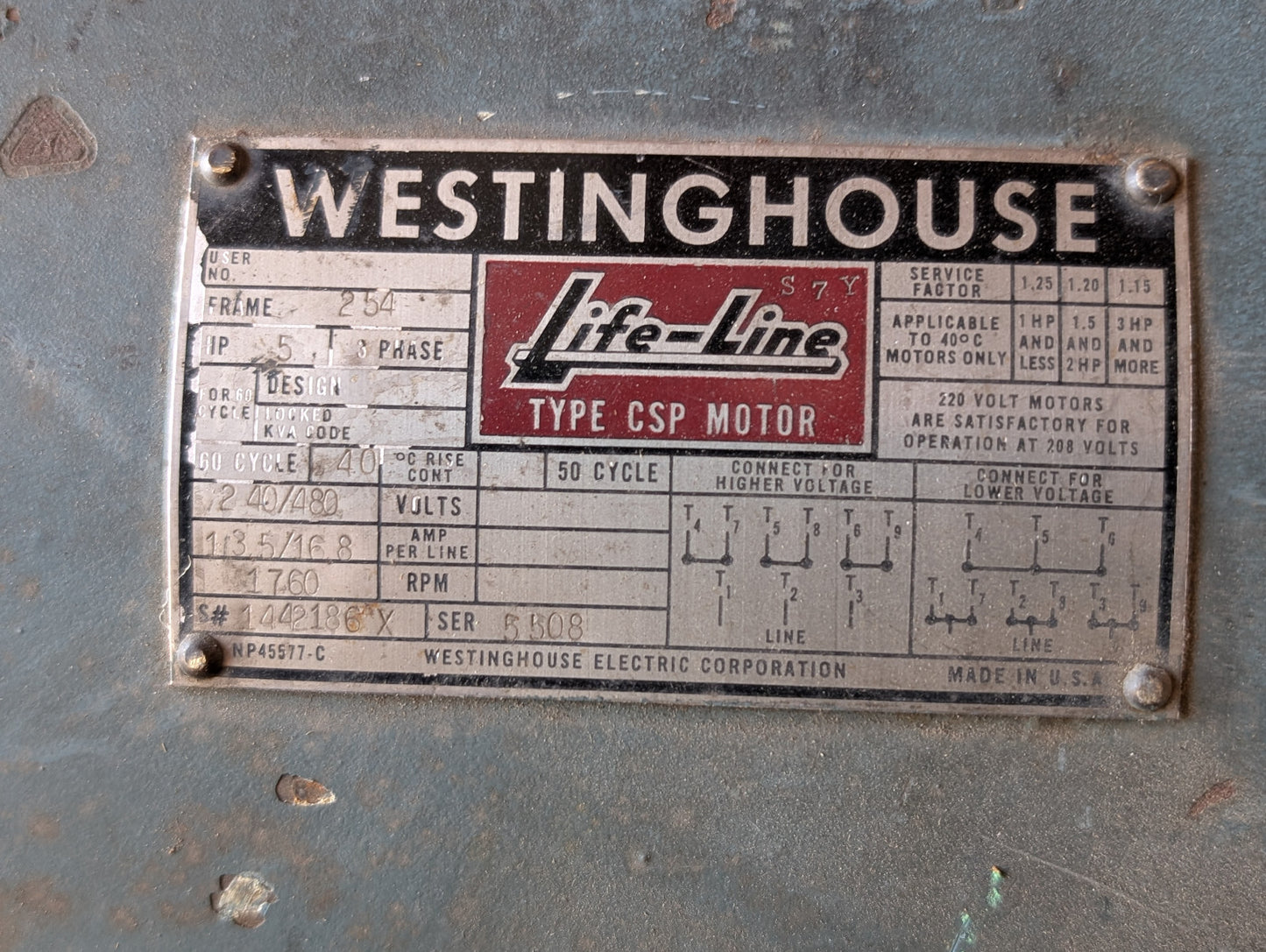 Westinghouse S7Y Type CSP Life-Line Motor 1760RPM, 3PH, 5HP, 254 Frame, 240/480V
