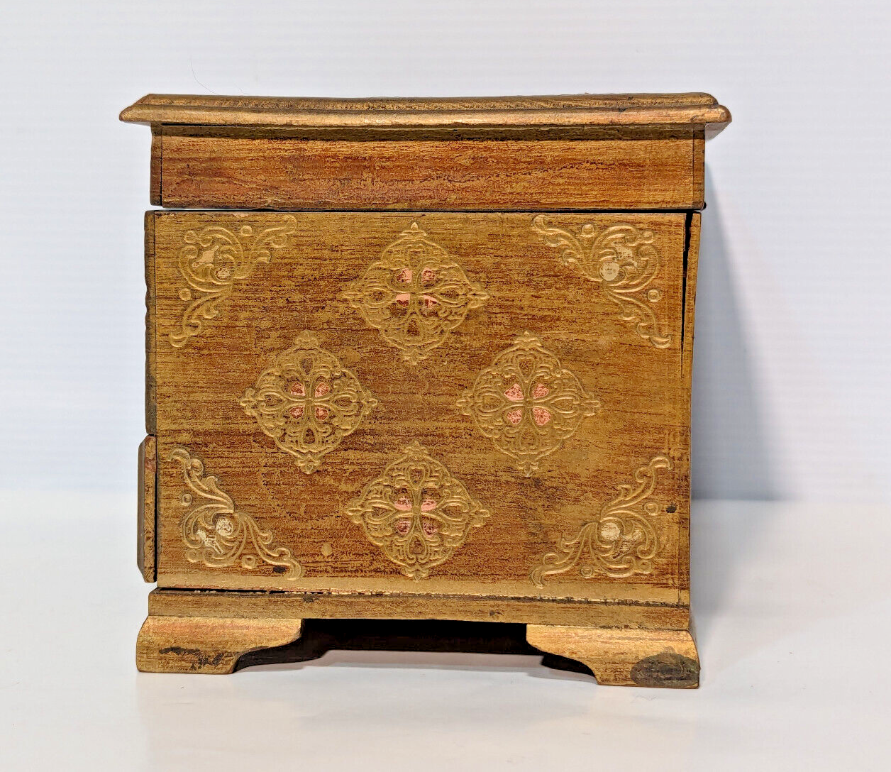 Vintage 1960s Gold Florentine Royal Sealy Wooden Drawer Chest Mirror Jewelry Box