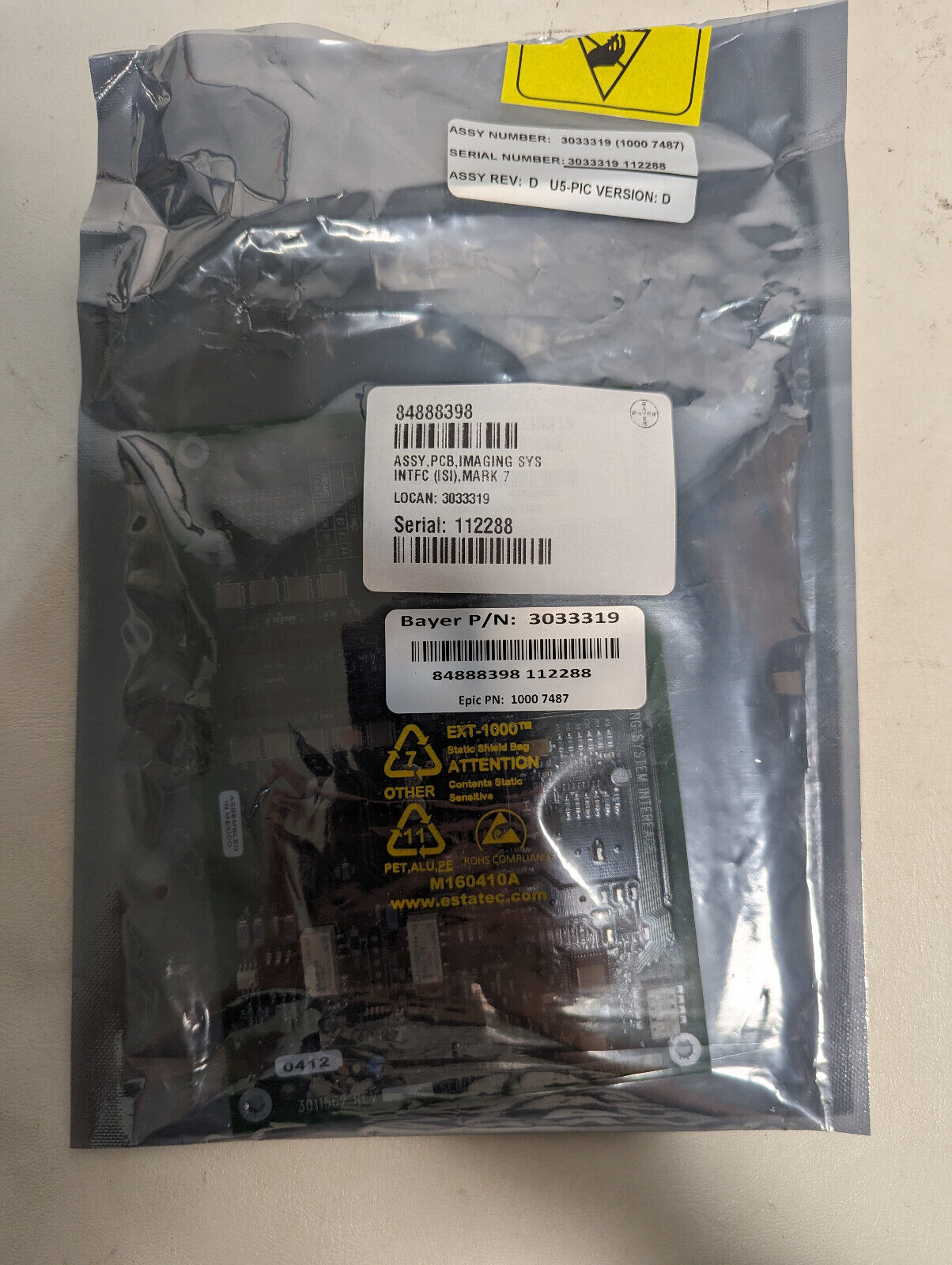 Bayer 3033319 circuit board, 84888398 112288, Epic PN 1000 7487