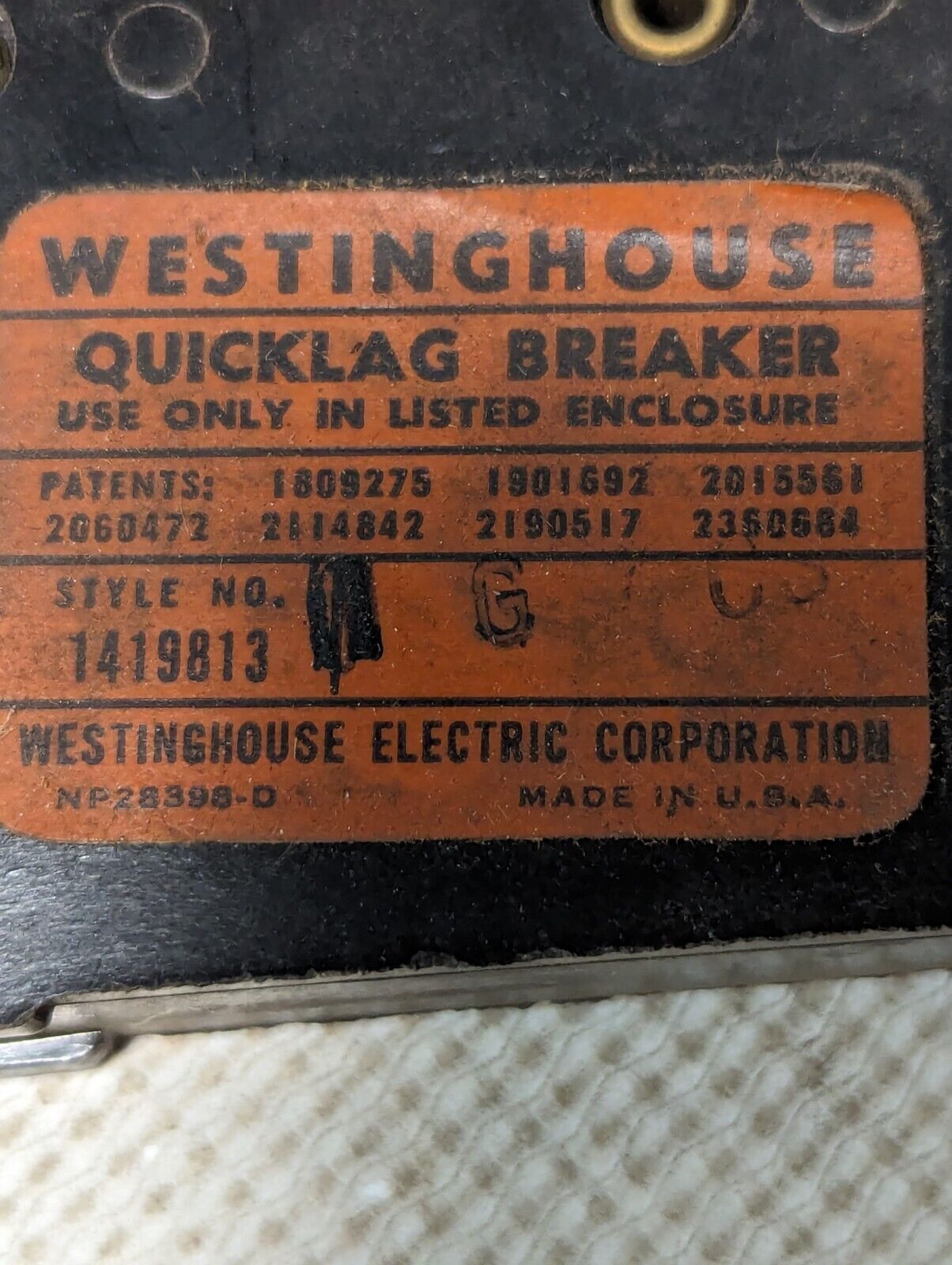 (4) Westinghouse NP28398-D Circuit Breakers, 15 Amp, 120VAC, 1-Pole-Free Ship