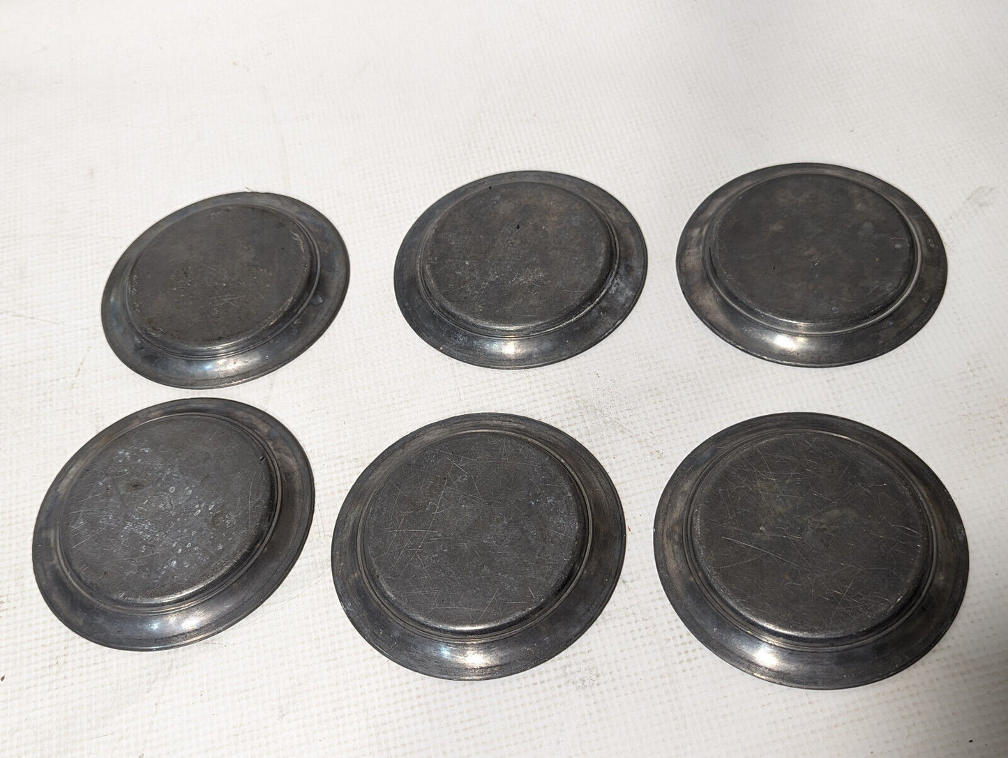 Set of 6 Antique Small Metal Plates, Saucers, Coasters, 4.5in