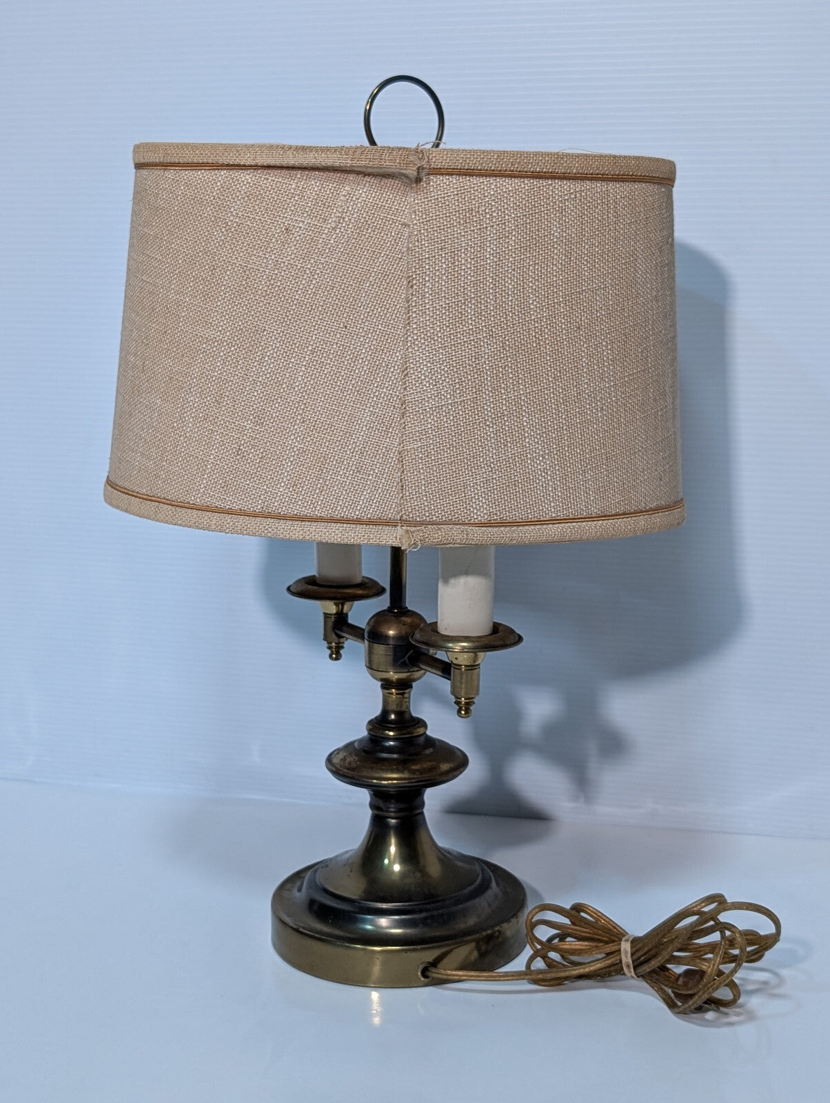 Vintage 1970s Brassy Double Candlestick Table Desk Lamp, Linen Shade, 6" Base