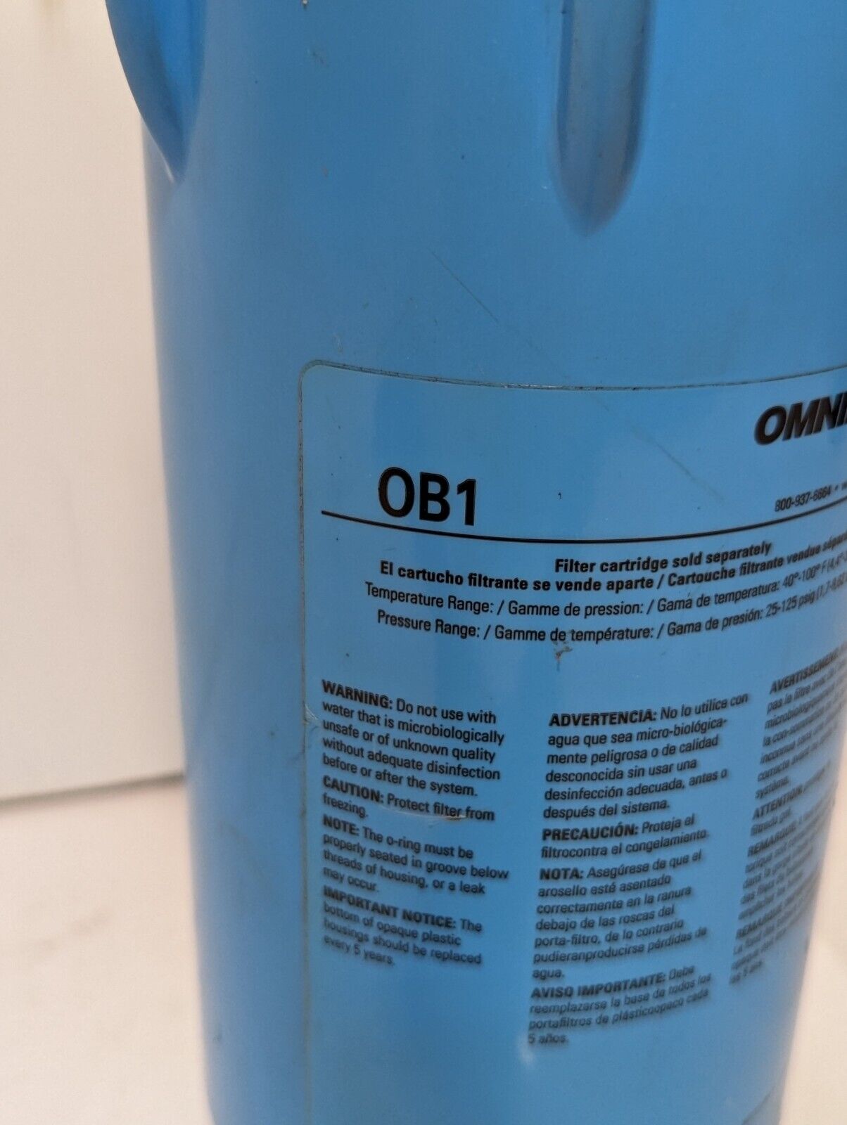 Lot of 5 Omnifilter water filters: 2x RS1, 2x RS14, 1x RS19, 1x OB1 filter housi