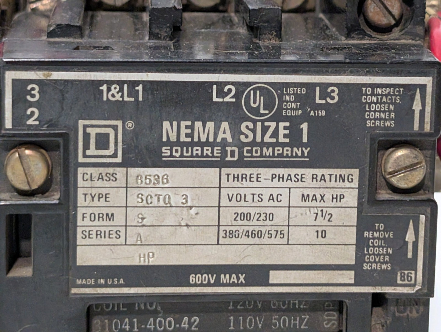 Square D 8536 SCT0-3 Motor Starter, NEMA Size 1, Series A, Form S, 110\120V Coil