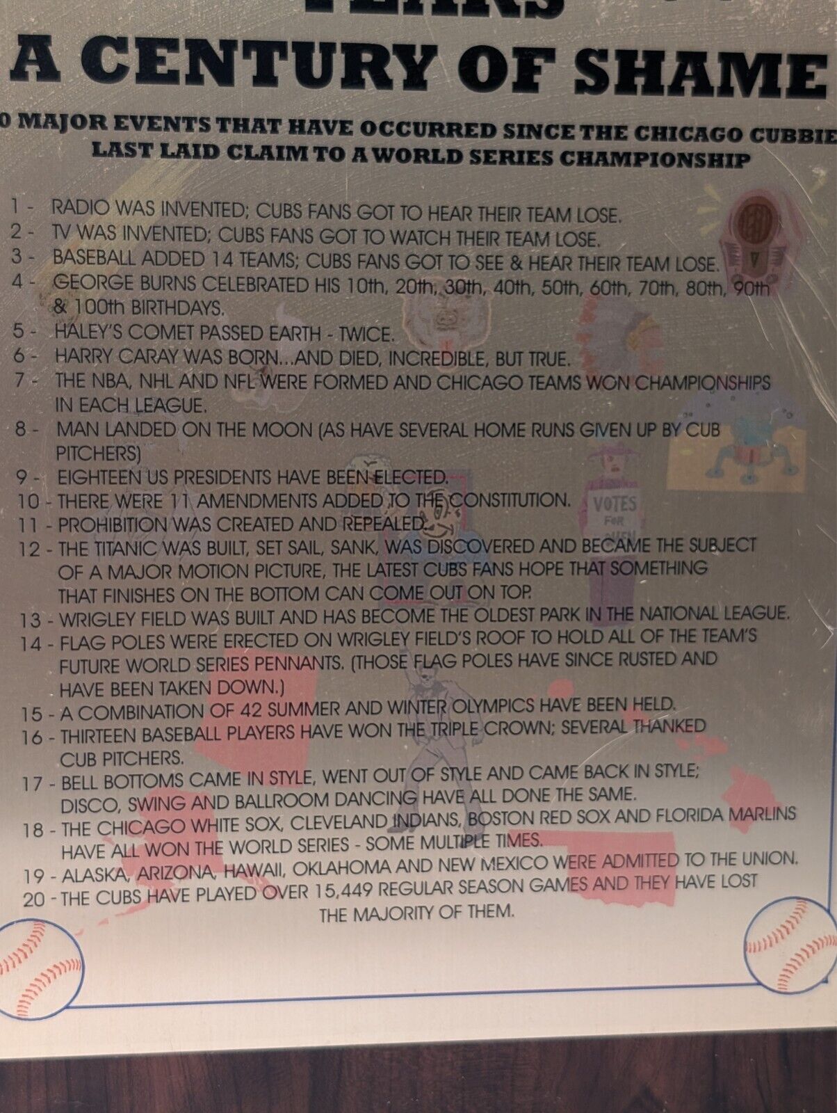 Vintage Chicago Cubs 100 Years of Shame No World Series Plaque Hilarious Funny
