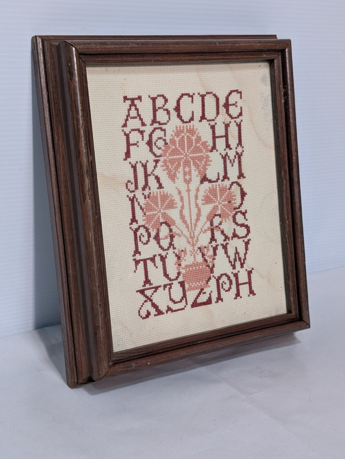 Vintage Framed Needlepoint Cross-Stitched Alphabet Quaker Sampler