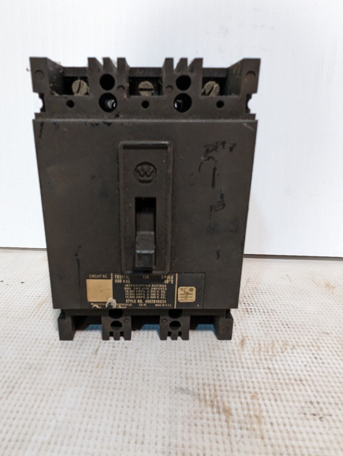 Westinghouse FB3015L circuit breaker, 15A, 4992D46G34, 600VAC, 3 pole