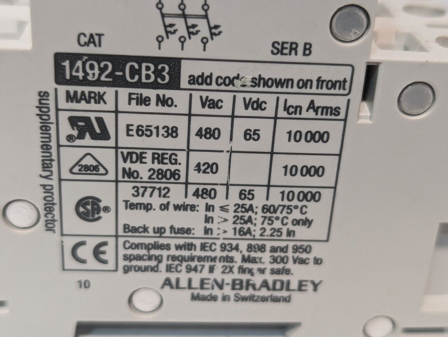 A-B Allen-Bradley 1492-CB3 G020 Ser B 3-Pole Motor Controller - Free Shipping