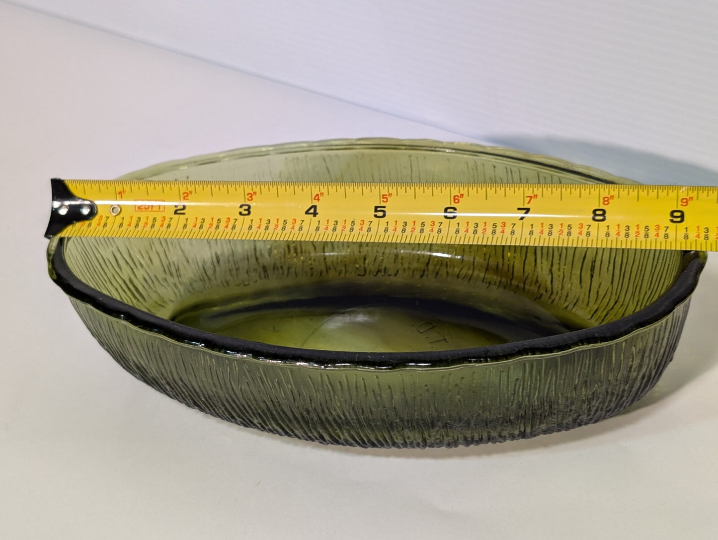 Vintage FTD 1975 Olive Green Oval Glass Dish With Bark Texture 9" Length