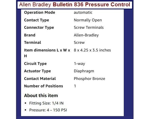 Allen Bradley Bulletin 836 Pressure Control, Enclosure Type 1, 150psi Max