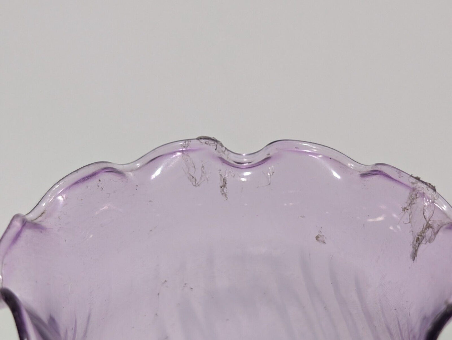 Vintage Lilac Spiral Pattern Scalloped Edge Translucent Vase, 6.5”H x 3.5"Dia.