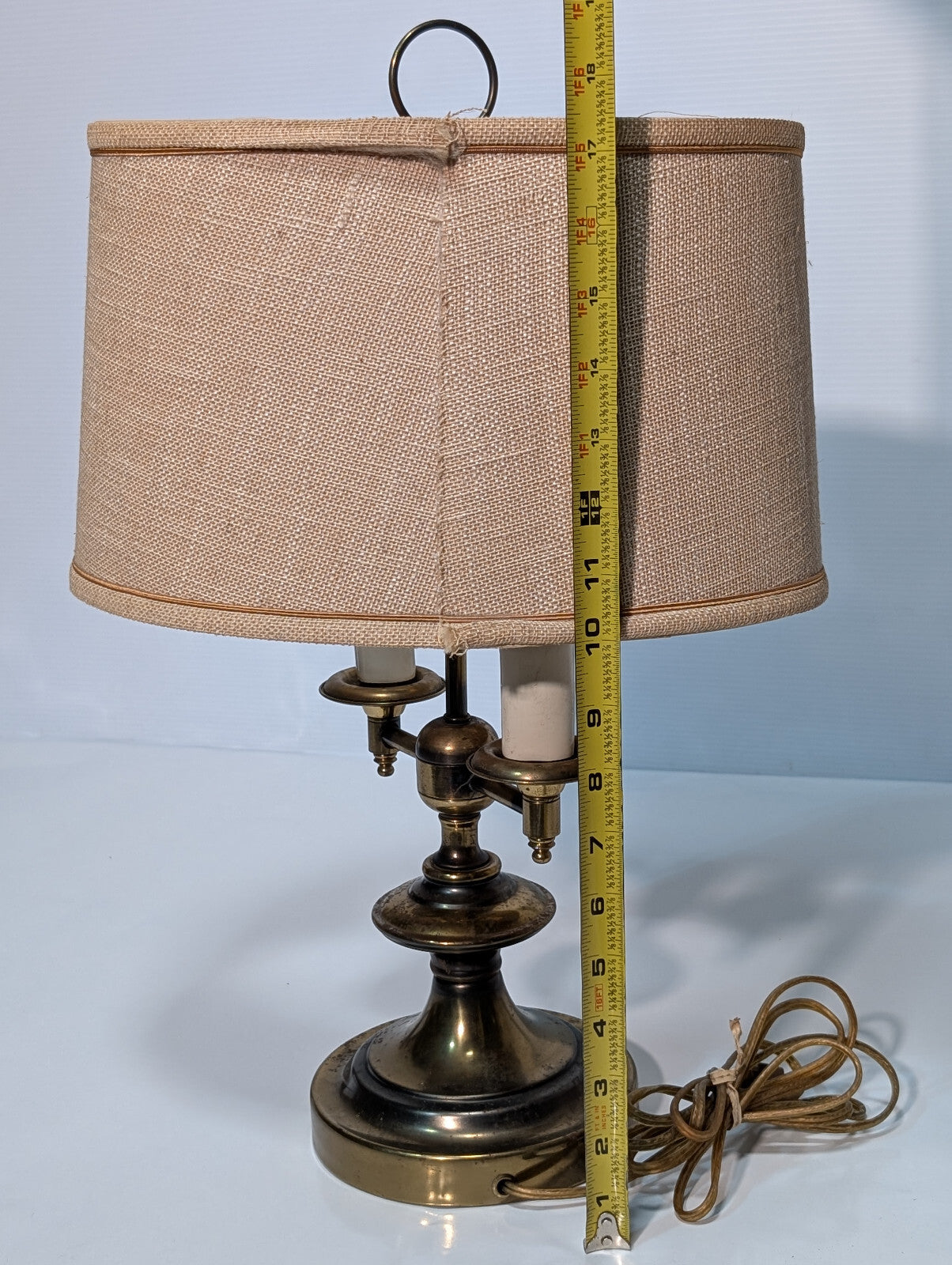 Vintage 1970s Brassy Double Candlestick Table Desk Lamp, Linen Shade, 6" Base