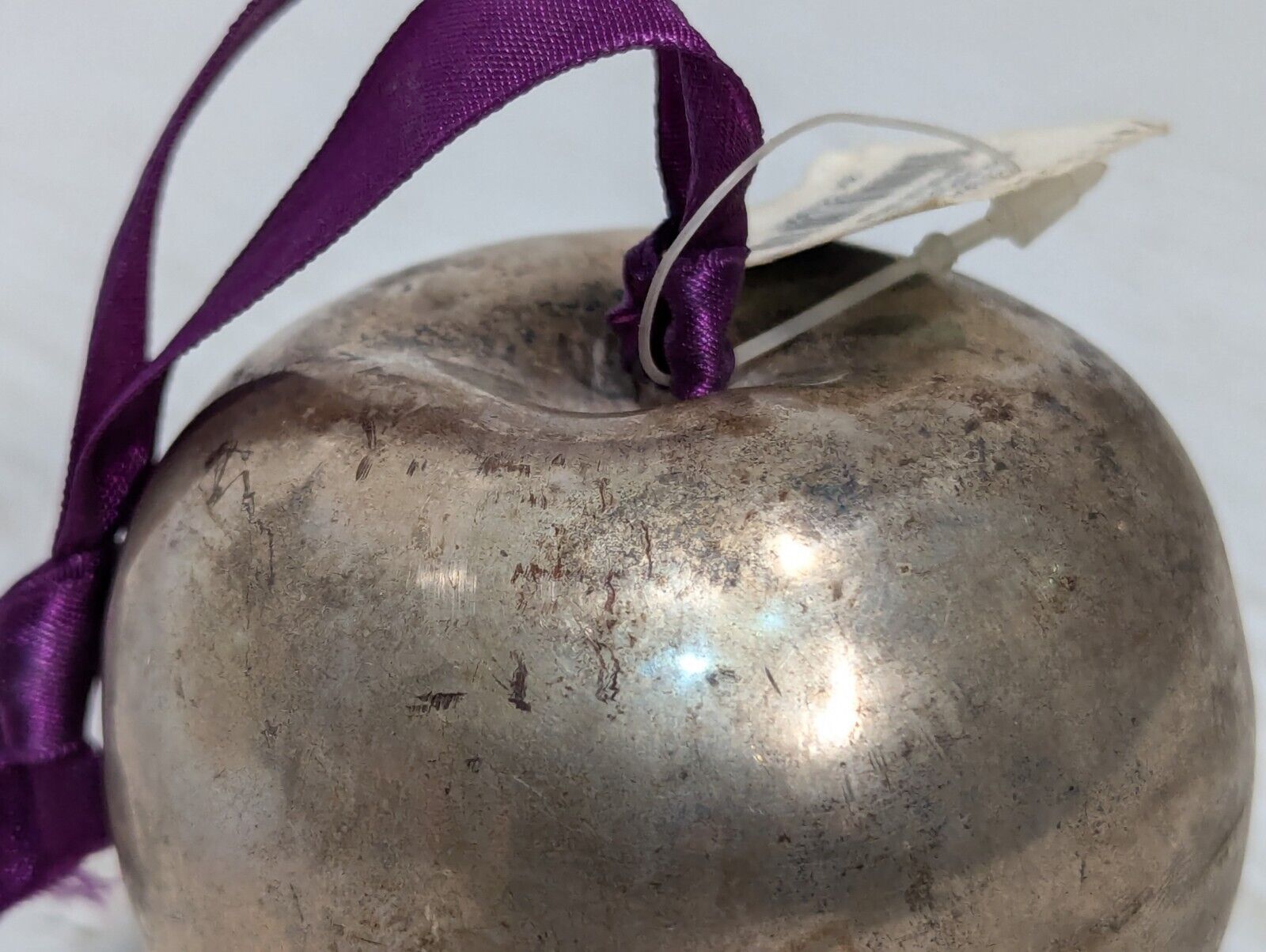 Stunning Hammered Silver Apple, Purple Ribbon, Home Decor - Free Shipping