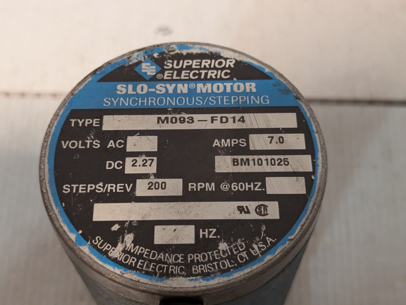 Superior Elec. M093-FD14 Slo-Syn Synchronous/Stepping Motor BM101025 2.27DC 7A