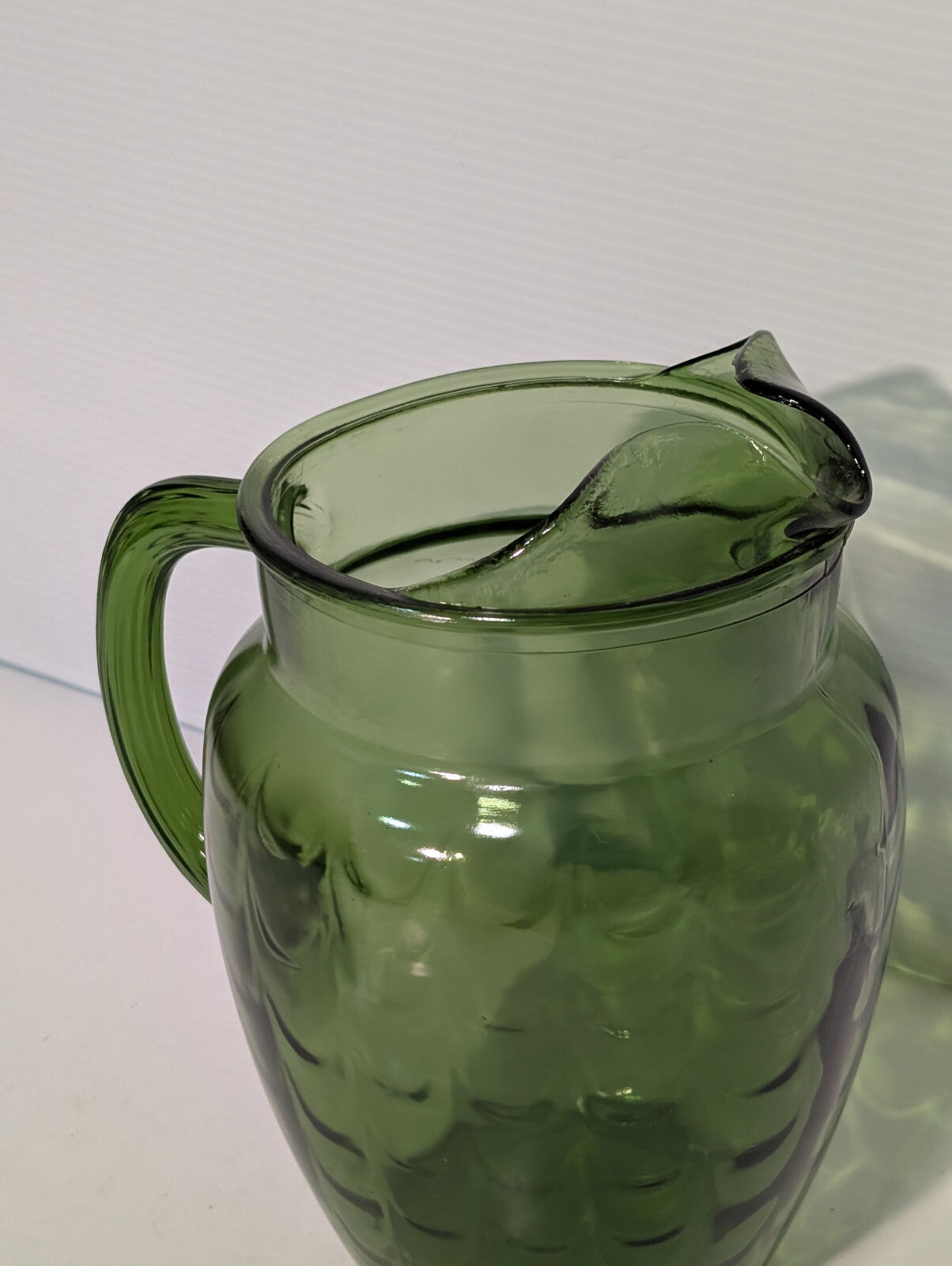 Vintage 1970s Olive Avocado Green Scale Textured Glass Water Pitcher 8" Tall