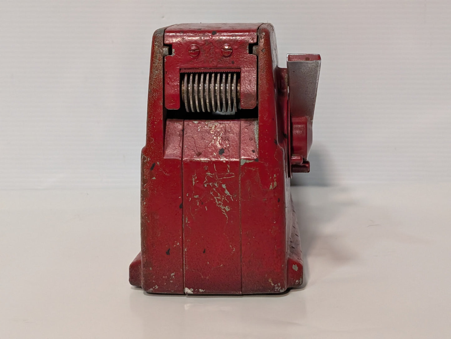 Vintage 1950s Red Cast Iron Industrial Toothed Grip Wheel Tape Dispenser Tool