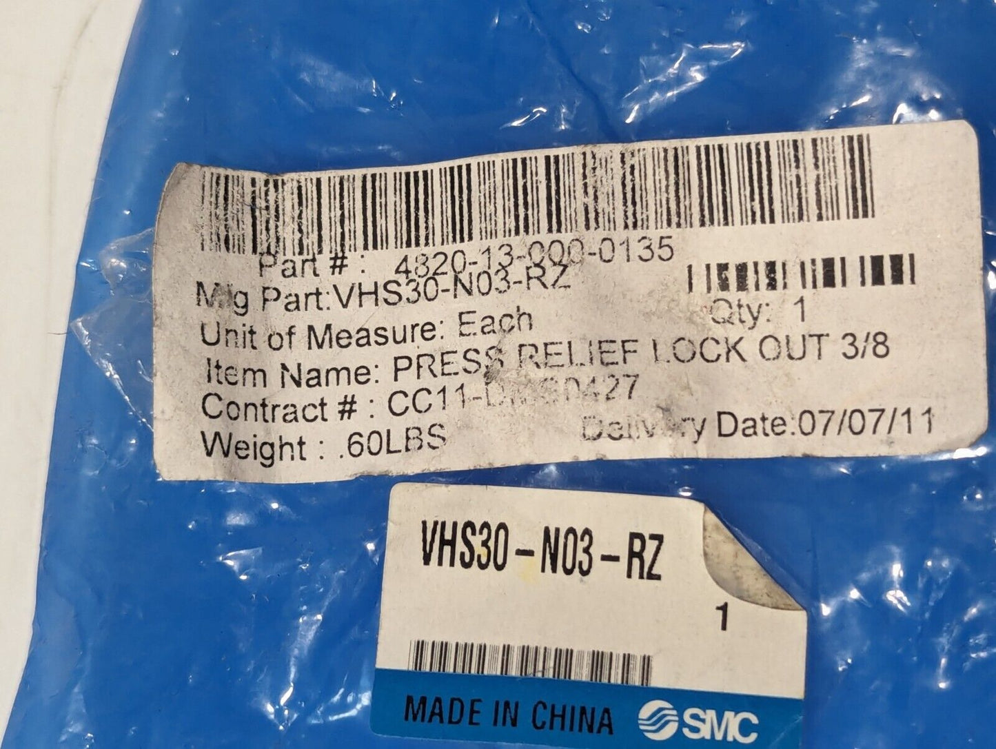 SMC VHS30-N03-RZ Pneumatic Lock Out Valve, 3-Port, 15-150 PSI - Free Shipping