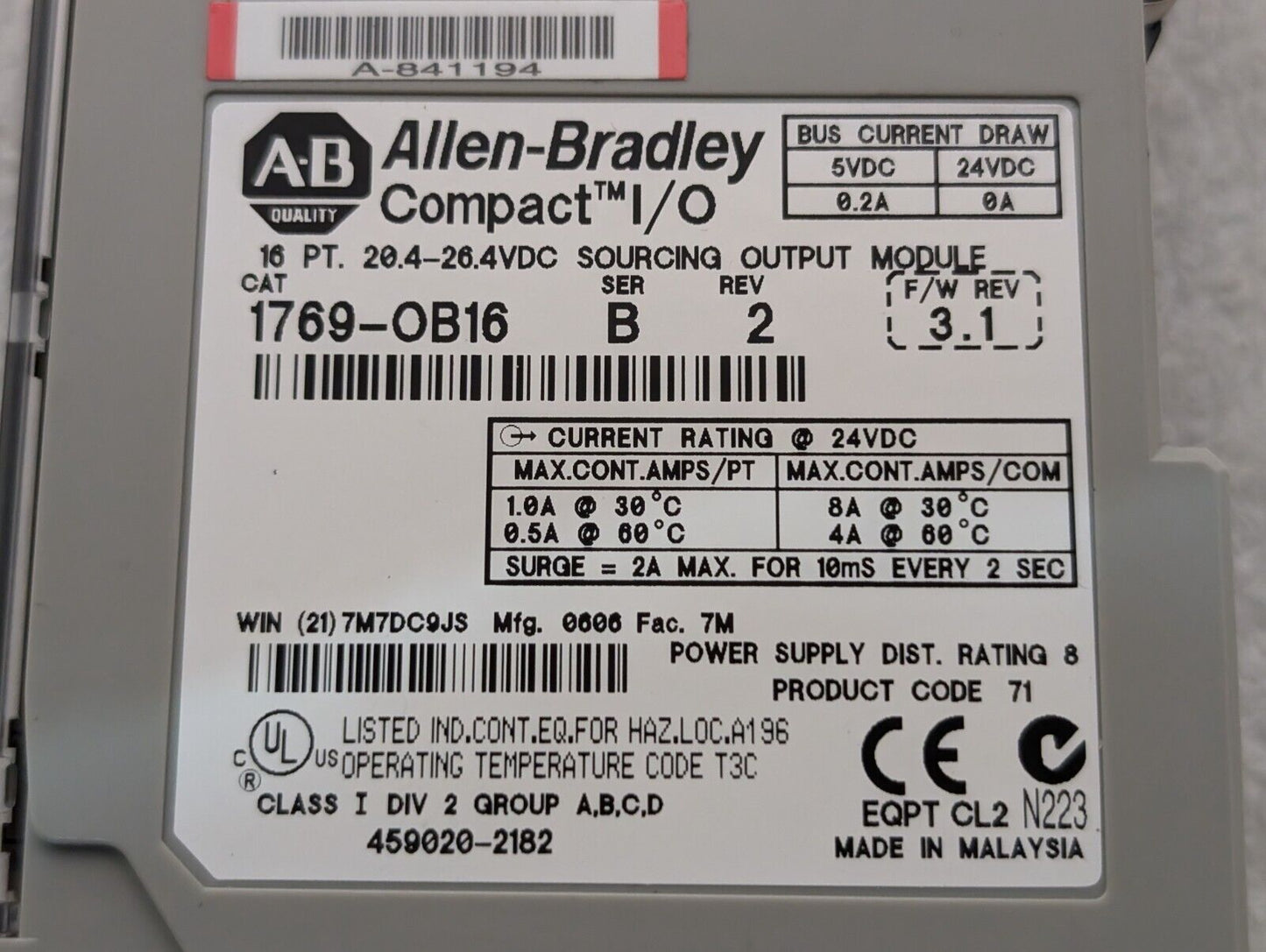 Allen Bradley 1769-OB16 Compact I/O Module, 16 Pt, 24VDC, Series B - Free Ship