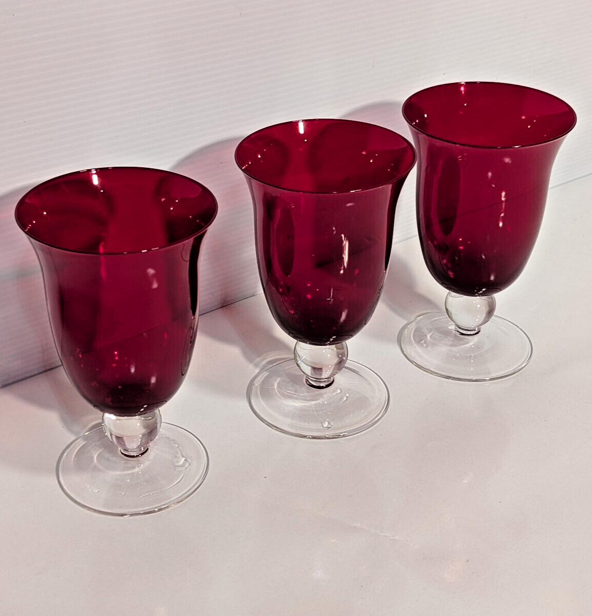 3 Vintage Ruby Red Goblets Fluted Clear Stem Tumblers Holiday Retro Celebration