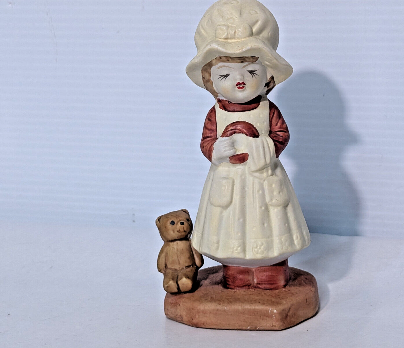 Vintage Ceramic Figurine Girl, Teddy Bear, Chores, Bonnet, Holly Hobbie, 1970s