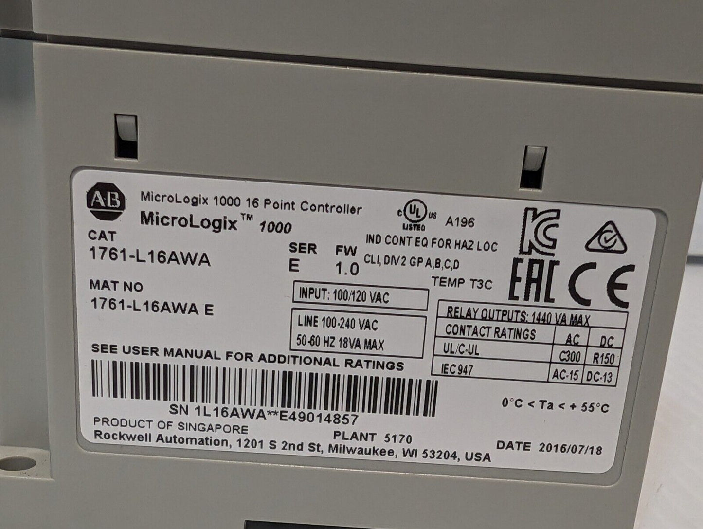 Allen Bradley 1761-L16AWA MicroLogix1000 16 Point PLC Controller - Free Shipping