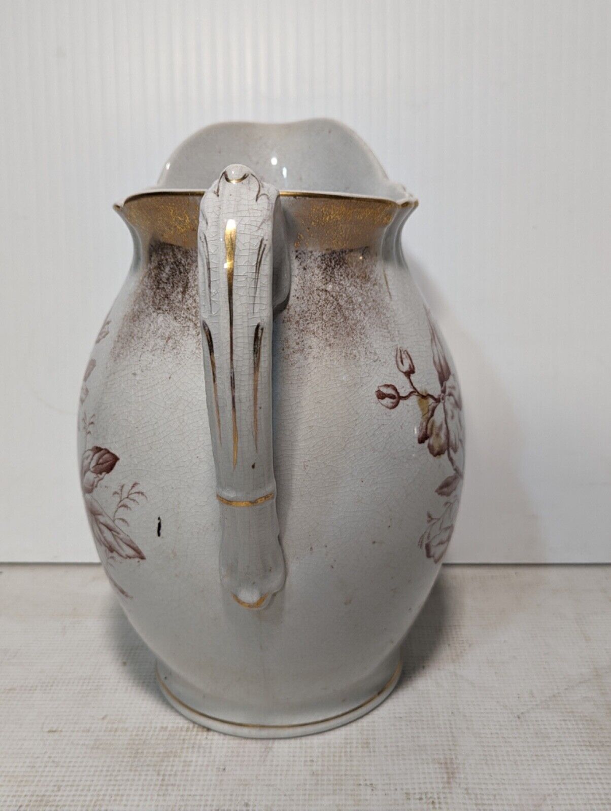 Fremont antique ceramic pitcher, White With Floral/Leaves Design