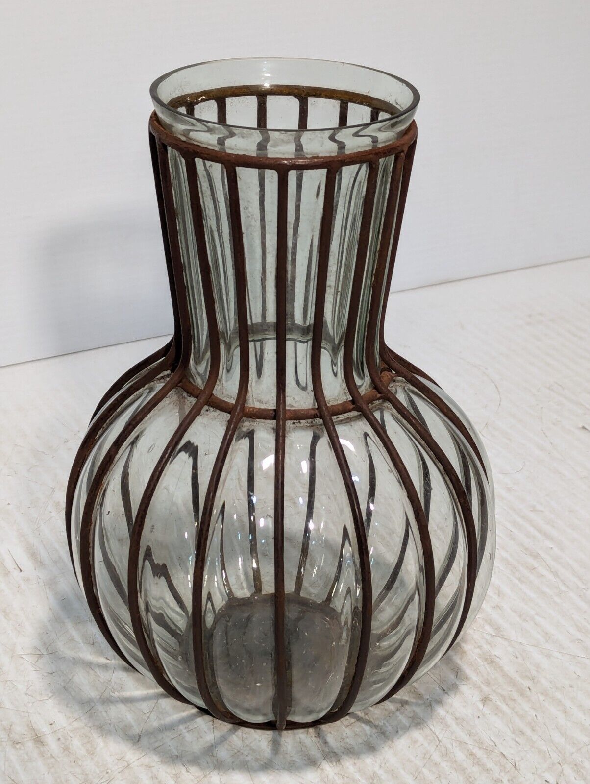 Set of 3 Rare Vintage Brutalist, Metal Caged Blown Glass Vases - Free Shipping