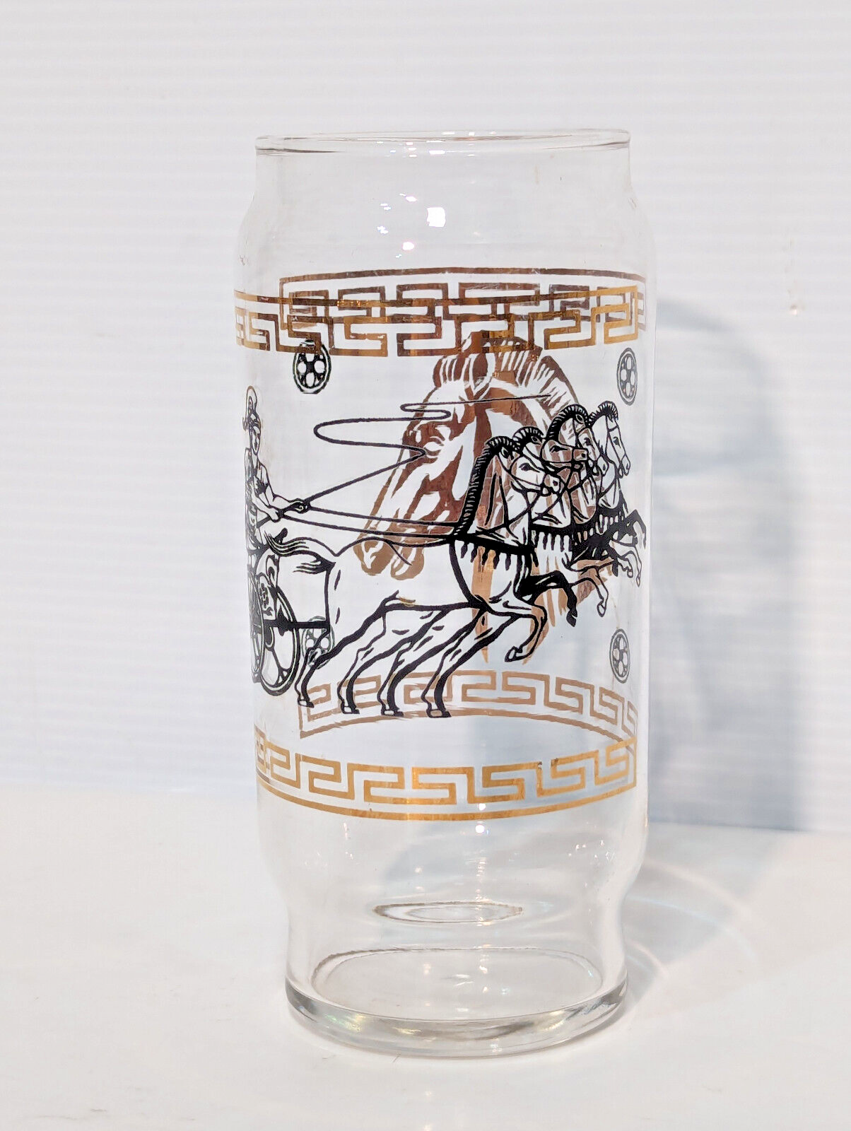 Vintage MCM Roman Greek Horse Chariot Gold Metallic Drinking Glass, Tumbler