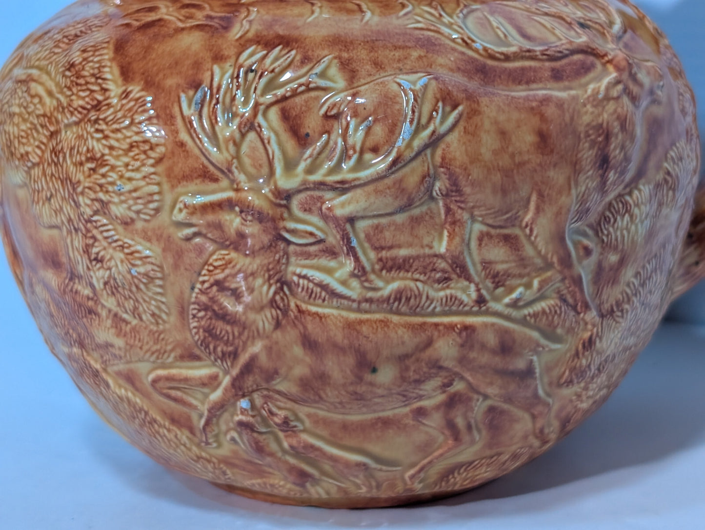 Vintage Brown Glazed Pottery Pitcher Elk, Deer, Buck, Hunters, Forest Wood Scene
