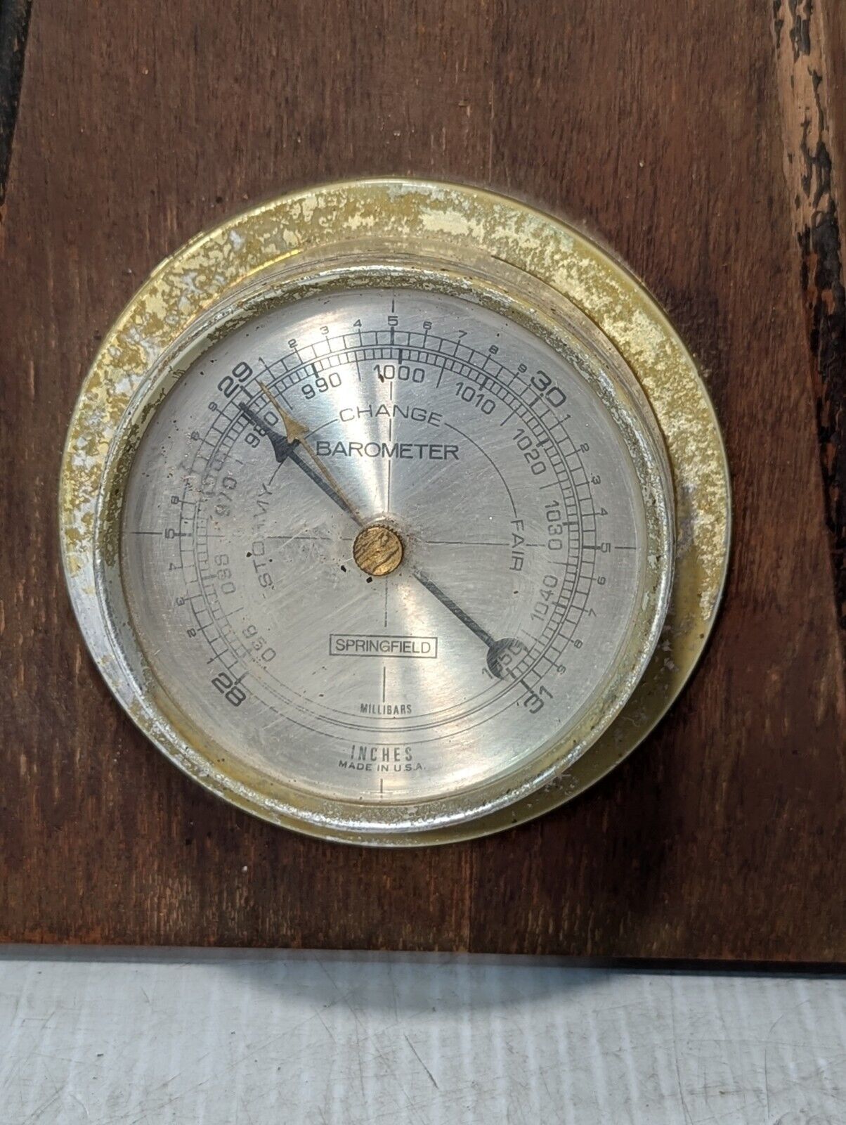 Vintage Springfield Thermometer / Barometer mounted on weathered wood- Free Ship