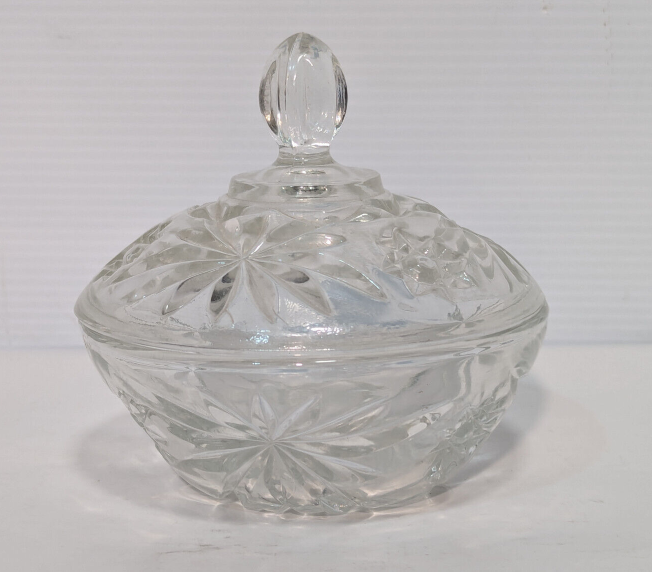 Vintage Antique Crystal Clear Glass Candy Dish, Snack Jar, Lid, Starburst Design